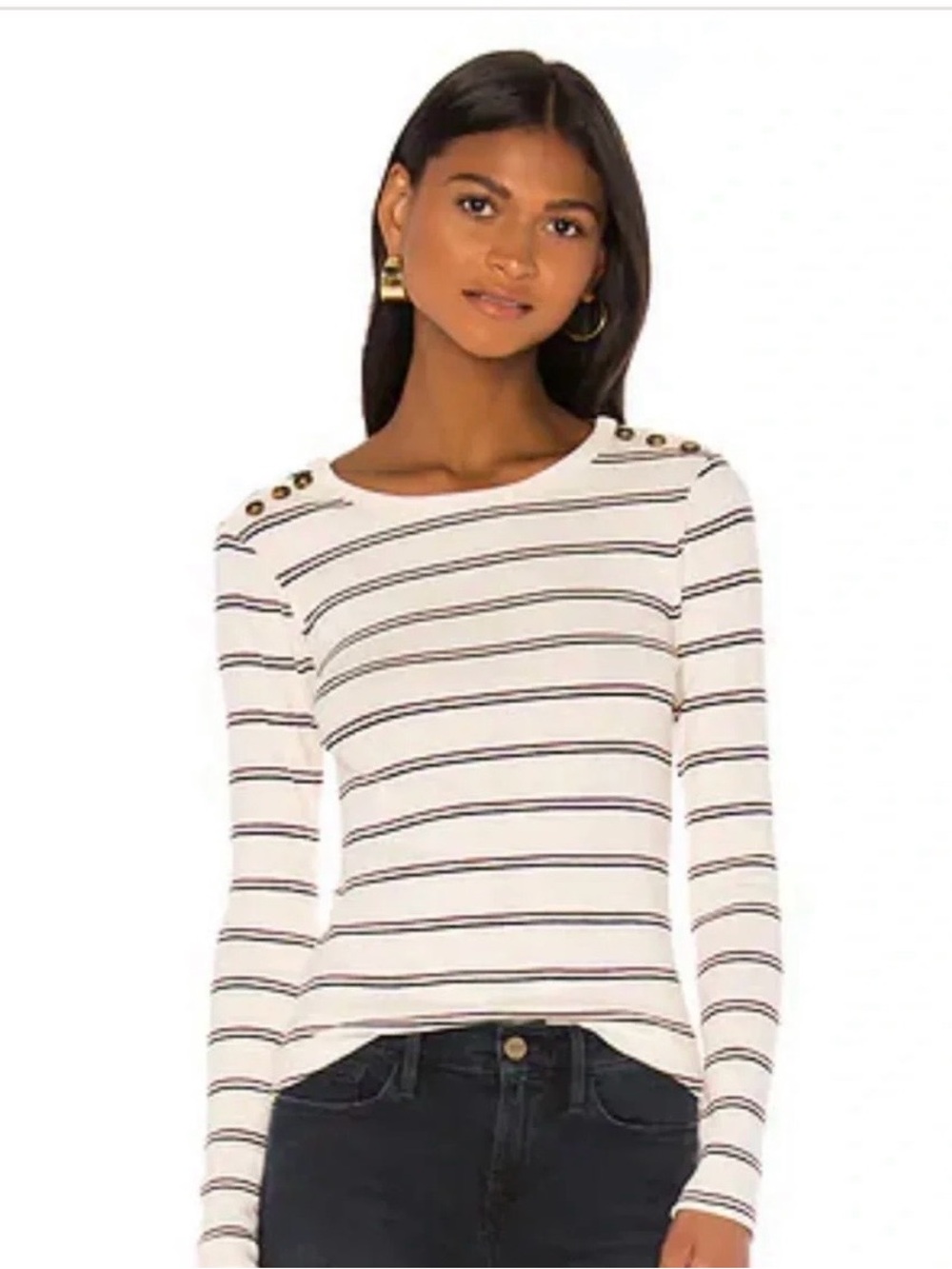 FRAME Edie Top Eggshell Multi Striped Shoulder Button Ribbed Tee Size Large